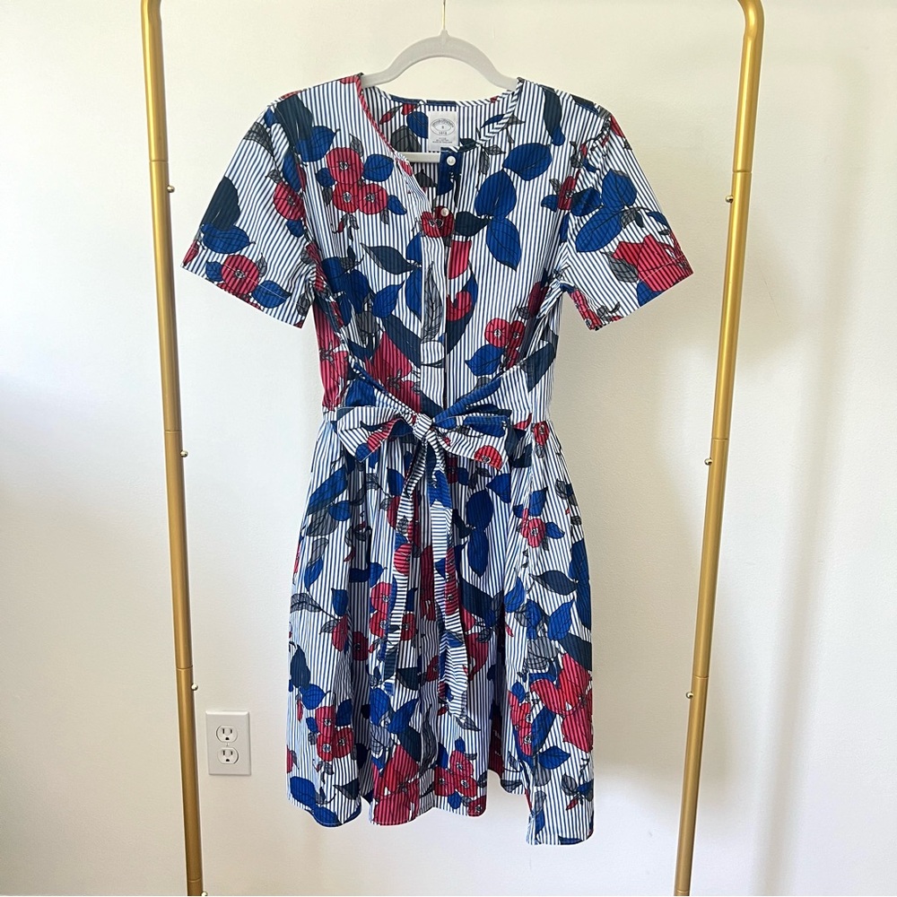 Brooks Brothers 100% Cotton Tie Waist Shirt Dress in Blue and Red Striped Poppy